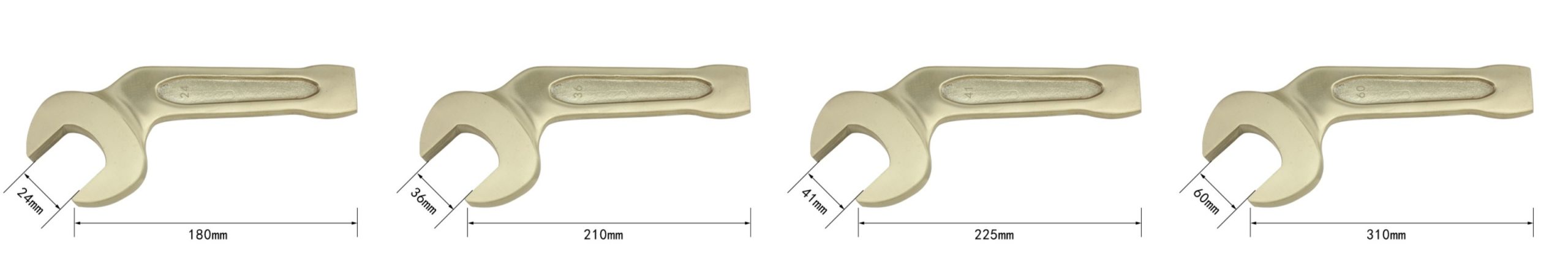 Non-sparking striking open end bent wrench with 24mm, 40mm, 55mm, 60mm sizes